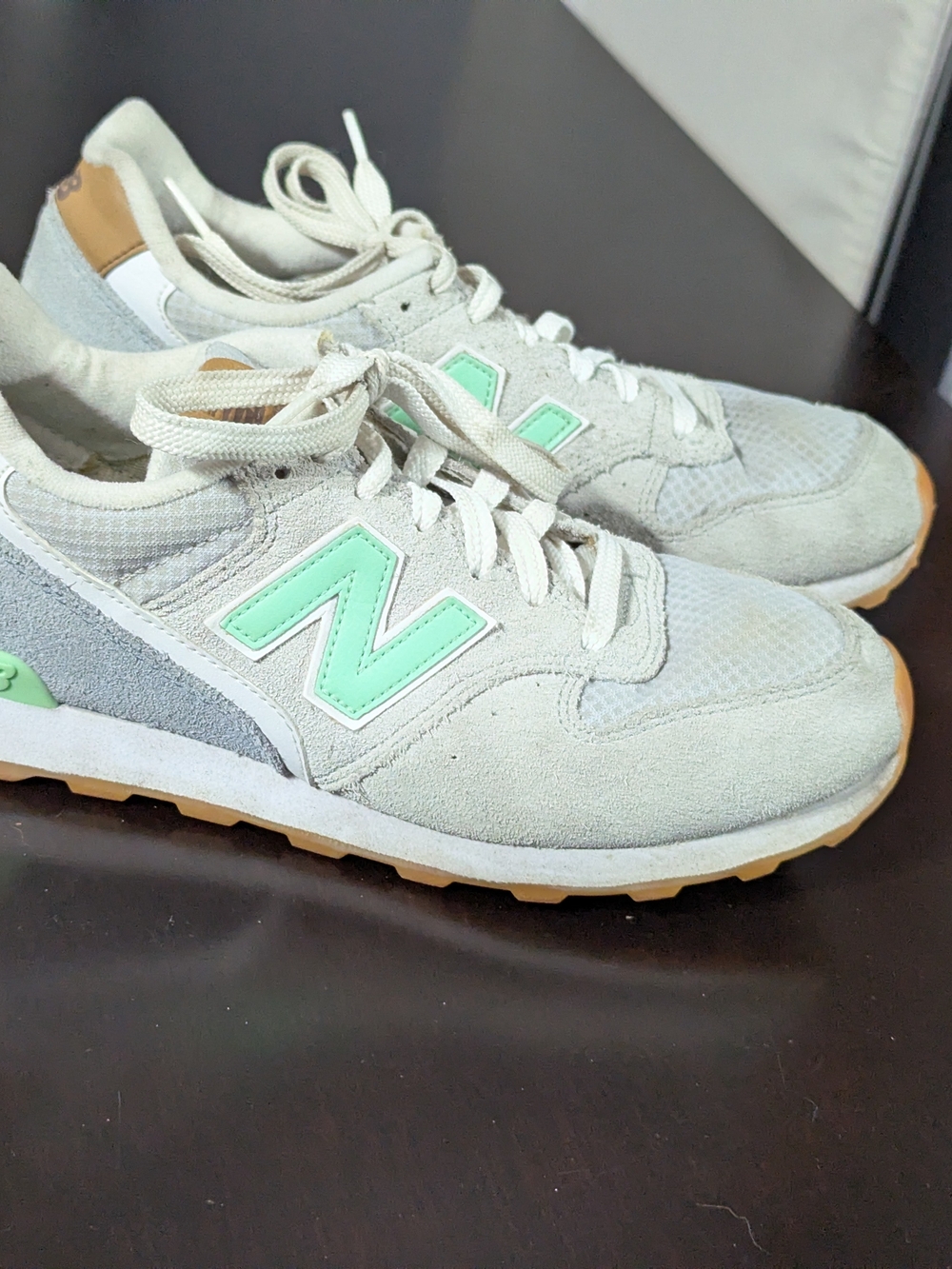 New Balance Women’s Light Gray Suede Sneakers with Mint Accent